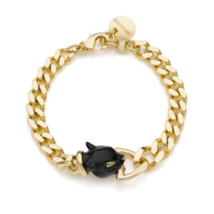 Bracciale Donna con Testa di Pantera – Catena Groumette Dorata e Smalto Nero