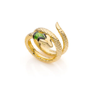 Anello Unoaerre Serpente a Spirale in Bronzo Dorato con Smalto Verde - Stile animalier