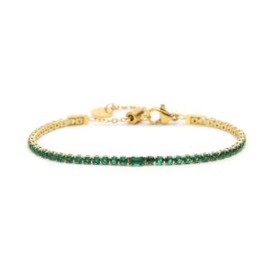 Bracciale Marlù Tennis Dorato 2,5 mm con Pietre Verdi e Zircone Centrale Baguette