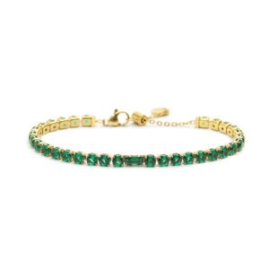 Bracciale Marlù Tennis Dorato 4 mm con Pietre Verdi e Zircone Centrale Baguette