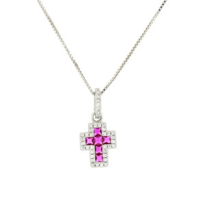 Collana con Pendente Croce con Zirconi Fucsia e Bianchi in Argento 925