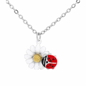 Collana con Pendente Fiore e Coccinella Portafortuna in Acciaio