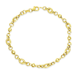 Bracciale Catena con Maglie Martellate e Sfere Dorate in Oro Giallo 9Kt