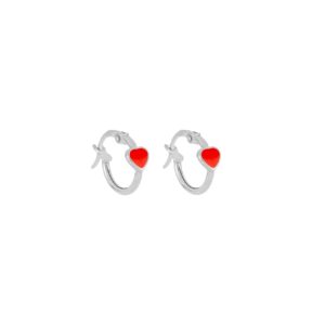 Orecchini Cerchio in Oro Bianco 9Kt con Cuore Smaltato Rosso