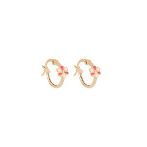 Orecchini Cerchio in Oro 9Kt con Fiore Smaltato Rosa e Bianco